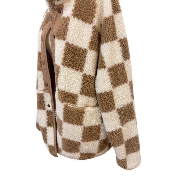 NEW Checkerboard Sherpa Fleece 2XL Tan White Jacket Button Snap Collar Pockets - Picture 4 of 8